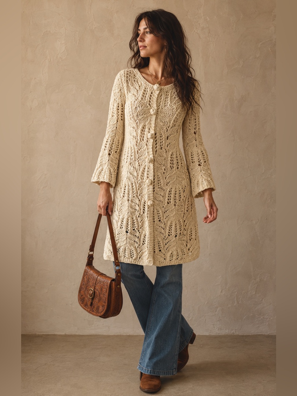 Beth Bowley Crochet Style Boho Long Cardigan M